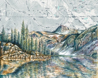 May include: A watercolour painting depicting a mountain lake scene, with reflections of the surrounding mountains and trees. The lake is bordered by rocky cliffs and a forest of pine trees. The painting is set against a backdrop of a topographic map, with the words "Wallowa National Forest" and "Eagle Cap" visible.