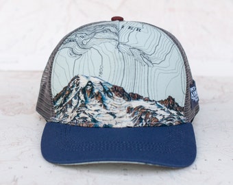 Mount Rainier Summit Mountain Trucker Hat, Semi Round brim hat, national park hat, trail running trucker hat, outdoor hiking hat Blue Grey