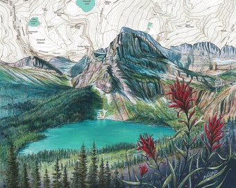 Glacier National Park Art, Grinnell Lake Glacier NP painting, Montana painting print illustration Montana mountain print, hiker sunset