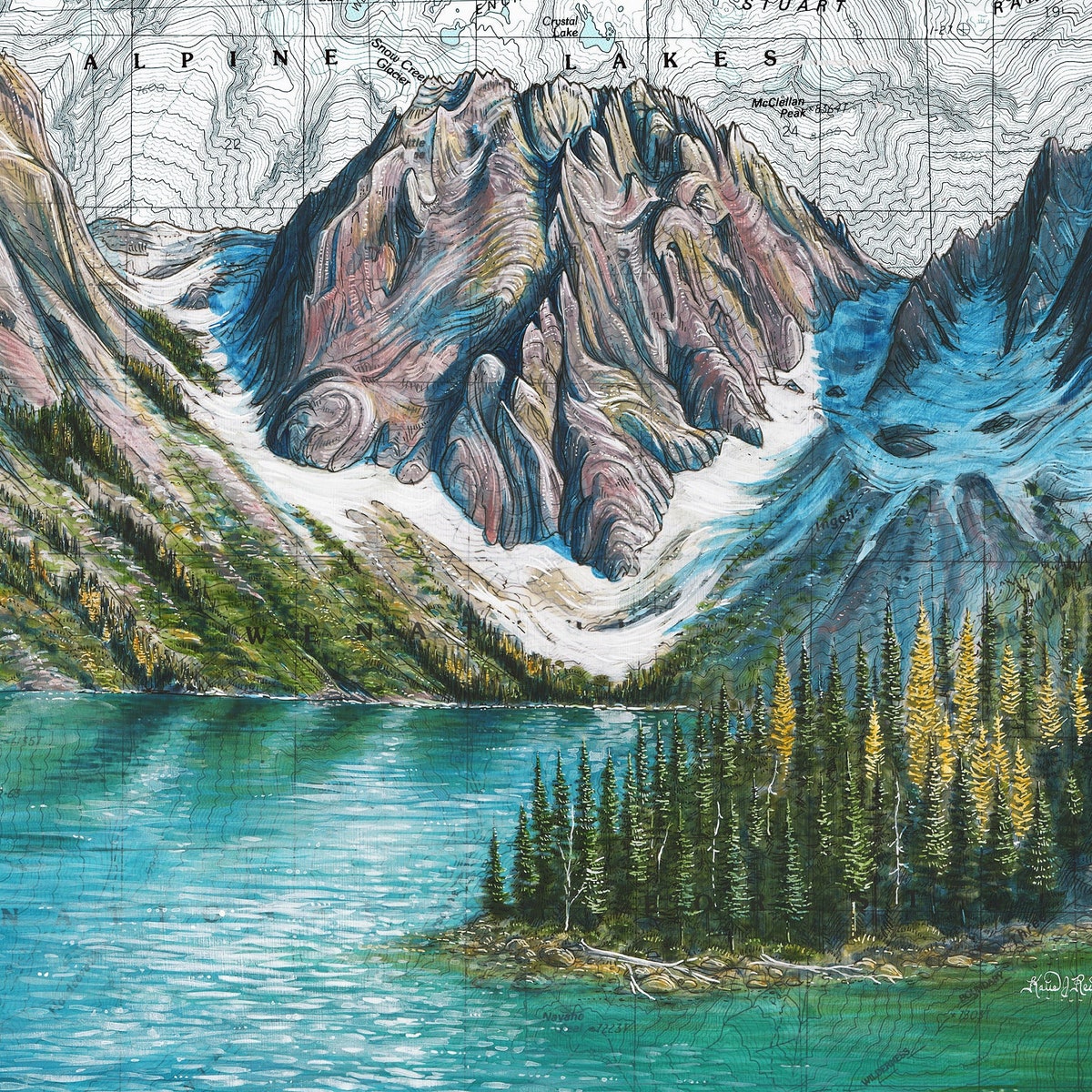 Colchuck Lake Wall Art, the Enchantments Painting Print Illustration, Washington Mountain Print Alpine Lake Mountain Art Map Art - Etsy