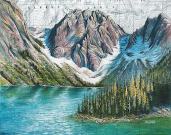 Arte de la pared del lago Colchuck, ilustración impresa de la pintura The Enchantments, arte del mapa del arte de la montaña del lago alpino de la impresión de la montaña de Washington