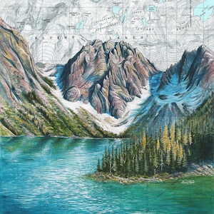 May include: A watercolor painting of a mountain lake with a small island in the center. The lake is surrounded by mountains and trees. The painting is done in a realistic style and features a detailed map of the area in the background.