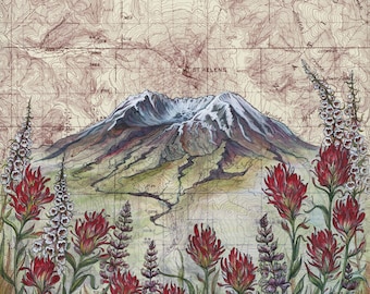 May include: A watercolour painting of Mount St. Helens, a stratovolcano in Washington state, with a snow-capped peak. The mountain is depicted in the background, with a foreground of wildflowers in shades of red, purple, and white. The painting is overlaid with a vintage map of the area, showing the mountain's location and surrounding features.