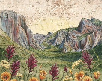 May include: A watercolor painting of a mountain landscape with a valley in the foreground. The valley is filled with wildflowers, including red Indian paintbrush and yellow poppies. The mountains in the background are a mix of brown, gray, and blue. The painting is set against a backdrop of a vintage map of Yosemite National Park.
