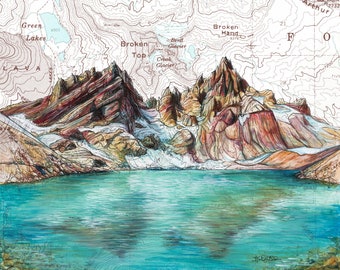No Name Lake, Broken Top painting mountain illustration, Three Sisters Wilderness Oregon mountains print, Alpine Lake mountain wall art