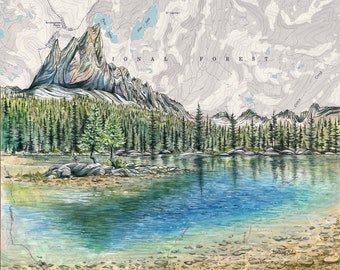 Sawtooth Mountains art, Alice Lake Sawtooth National Forest painting print, Idaho wilderness print, hiker mountain hiking art, Idaho nature