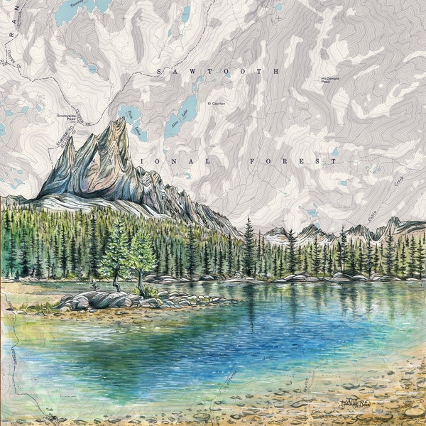 Sawtooth Mountains art, Alice Lake Sawtooth National Forest painting print, Idaho wilderness print, hiker mountain hiking art, Idaho nature