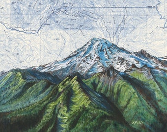 Monte Rainier sobre la cordillera Tatoosh, pintura de arte mural del Monte Rainier impresión ilustración de Mtn, impresión de montaña de Washington, arte de mapas de naturaleza salvaje