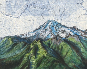 May include: A hand-drawn illustration of Mount Rainier, a snow-capped mountain in Washington state, with a blue and white topographic map of the surrounding area in the background.