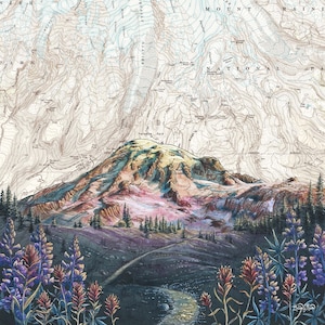 Mt Rainier Skyline Trail, Mount Rainier wildflowers art painting print, Washington mountain print, wilderness mountain art map Rainier art
