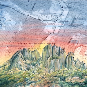 Seneca Rocks Art, West Virginia mountain wall art, Rock Climbing print,  Monongahela National Forest WV, climber painting, Hiking map art