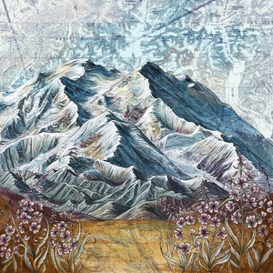 May include: A watercolor painting of a mountain range with snow-capped peaks, set against a vintage map background. Pink wildflowers bloom in the foreground. The artwork evokes a sense of adventure and exploration.