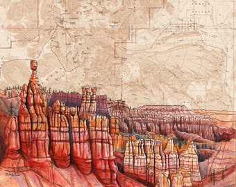 May include: A watercolor painting of a landscape with red rock formations in the foreground and a vintage map in the background. The rock formations are tall and thin, with some resembling human figures. The map is faded and shows the area around the rock formations.