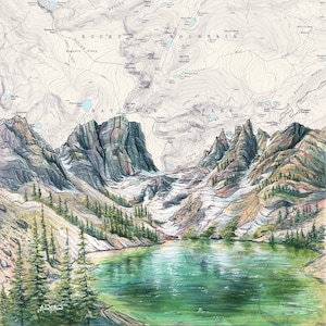 May include: A hand-drawn illustration of a mountain lake surrounded by rocky peaks and a forest. The lake is a vibrant green color and the mountains are a light brown with hints of green. The illustration is set against a map of the Rocky Mountains National Park.