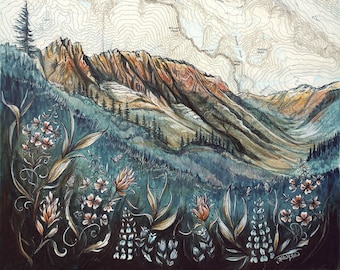 North Cascades National Park print, Cascades art painting Mountain illustration, Washington mountain print wildflowers Cascade Pass