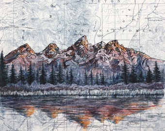 Grand Teton National Park Painting Print: Vintage Topography Map Art