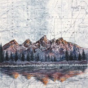 Grand Teton art, Grand Tetons National Park painting print, Wyoming wilderness print, hiker mountain hiking art, nature map art