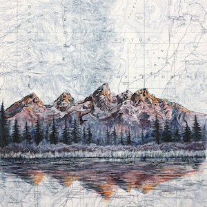 Grand Teton National Park Painting Print: Vintage Topography Map Art