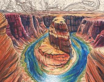 May include: A watercolor painting of a horseshoe bend in a canyon with a river winding through it. The river is a vibrant blue and green, and the canyon walls are a mix of red, orange, and brown.