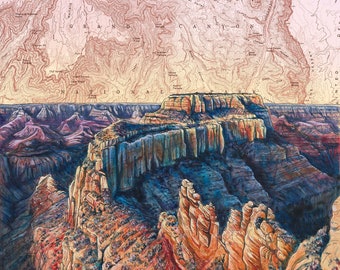 May include: A watercolor painting of a canyon landscape with a map of the Grand Canyon National Park superimposed on top. The painting features a variety of colors, including blue, green, brown, and red. The map shows the different features of the canyon, including the Colorado River, the South Rim, and the North Rim.