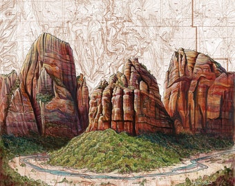 May include: A painting of three red rock formations in Zion National Park, Utah. The formations are depicted in a realistic style, with detailed textures and colors. The painting is overlaid with a topographic map of the park, showing the contours of the land.