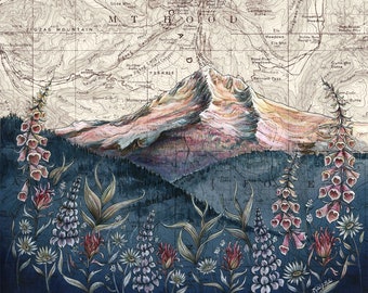 Mt Hood Lolo Pass, impresión de pintura de Mount Hood Ilustración de montaña, impresión de montaña de Oregón, arte de mapa topográfico de arte de montaña salvaje de Portland