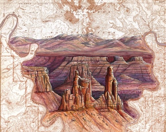 Canyonlands National Park, Canyonlands painting print illustration, Southern Utah print Washer Woman wilderness climbing art, hiking map art