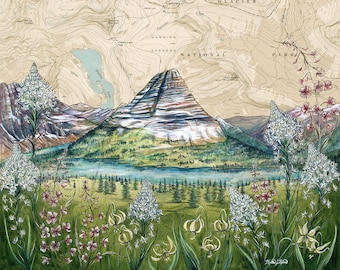 May include: A vintage-style illustration of a mountain range with a lake in the foreground. The mountain range is depicted in shades of brown, green, and blue, with snow-capped peaks. The lake is a vibrant blue, surrounded by lush green trees. The illustration is framed by a border of wildflowers in shades of pink, white, and yellow. The text "Glacier National Park" is visible at the top of the image.