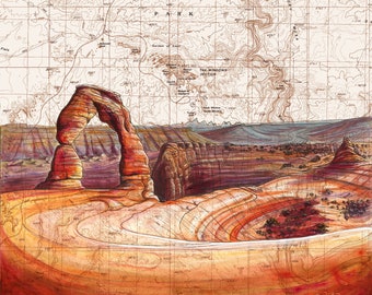 Delicate Arch Painting Print: Arches National Park Topography Map Art
