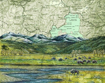 May include: A topographic map of Yellowstone National Park layered over a landscape illustration featuring a winding blue river, a grassy meadow with a herd of grazing bison, dark green pine forests, and distant blue mountain peaks.