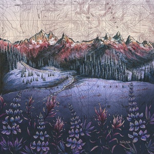 Tatoosh Wildflowers Mt Rainier, Mount Rainier wall art painting print Mountain illustration, Washington mountain print, wilderness map art