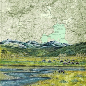 Yellowstone National Park Art, Yellowstone Wyoming painting print illustration, Lamar Valley Wyoming mountain print, Bison wildlife  map art