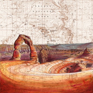 Arches National Park, Delicate Arch painting print illustration, Southern Utah print, Moab hiker wilderness climbing art, hiking map art