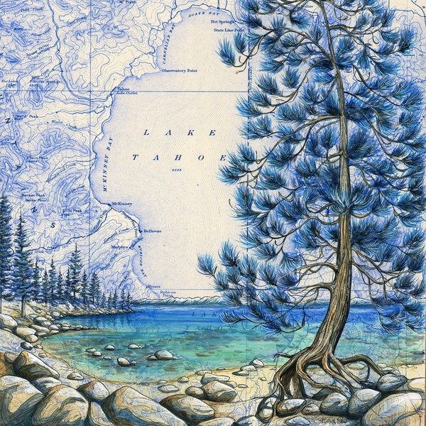Lake Tahoe Art, Lake Tahoe painting print illustration, California art Nevada art, hiker wilderness art, Emerald Bay