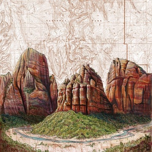 Zion National Park, Angels Landing painting print illustration, Southern Utah print, Zion hiker wilderness climbing art, hiking map art