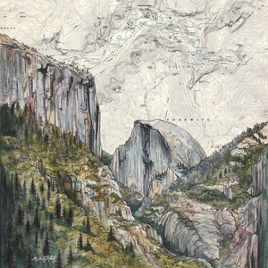 Yosemite Art, El Capitan Half Dome painting print illustration, California climber print, hiker wilderness climbing art, climber map art