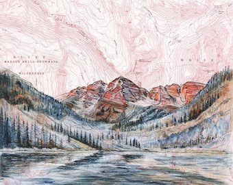 May include: A watercolor painting of a mountain lake scene. The lake is in the foreground, with a mountain range in the background. The mountains are a reddish-brown color, and the lake is a blue-green color. The painting is done in a realistic style, with a lot of detail in the mountains and the water.