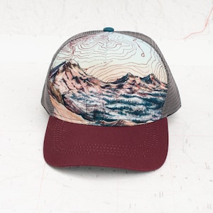 Three Sisters Trucker Hat, Round brim trucker hat, Bend Oregon mountain hat, trail running hat, outdoor hiking, burgundy sunset, unisex