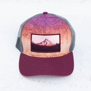 Mt Hood Sunset Trucker Hat, Round brim trucker hat,  Oregon mountain hat, trail running mountain hat, outdoor hiking, aqua orange, unisex