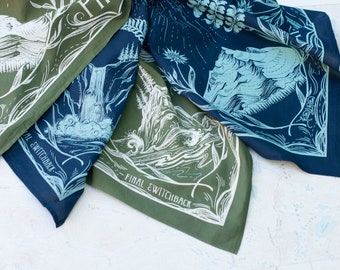 PNW Bandana,  super soft cotton bandana, Evergreen or Navy, Coast, Mountains, Outdoorsy hiker bandana, Discharge printed in the USA