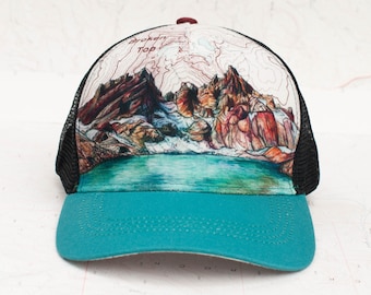 Sombrero de camionero con tapa rota, sombrero de camionero de ala redonda, sombrero de lago alpino Bend Oregon, sombrero de montaña para correr, senderismo al aire libre, naranja agua, unisex