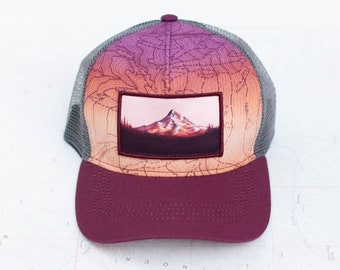 Mt Hood Sunset Trucker Hat, Round brim trucker hat,  Oregon mountain hat, trail running mountain hat, outdoor hiking, aqua orange, unisex