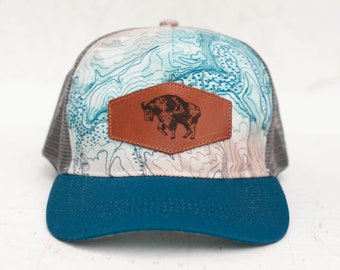 Goat Summit Trucker Hat,  Mountain Goat topo map hat, trail running hat, outdoor hiking, teal blue leather patch, unisex round brim