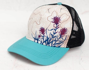 Wild Paintbrush Trucker Hat, Round brim trucker hat, mountain wildflower hat, trail running trucker hat, outdoor hiking, red blue, unisex