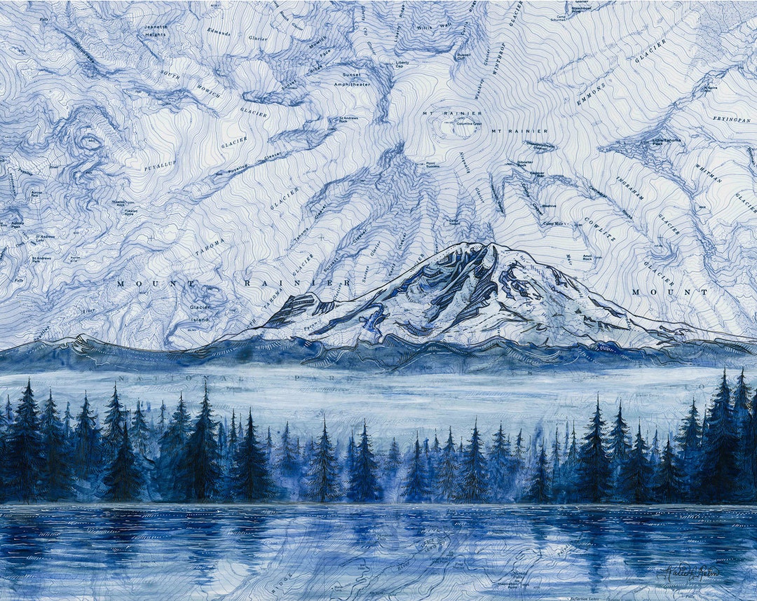Mt Rainier Morning, Mount Rainier Art Painting Print Mountain