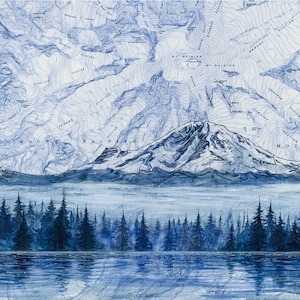 Mt Rainier Morning, Mount Rainier art painting print Mountain illustration, Lake Washington mountain print, wilderness mountain art map art