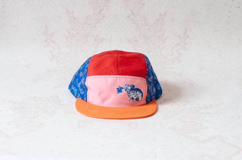 May include: A five-panel cap featuring a red top panel, a light pink front panel with a blue graphic of a small rodent holding a leaf, blue side panels with a floral pattern, and a solid orange flat brim. The cap has a structured crown design.