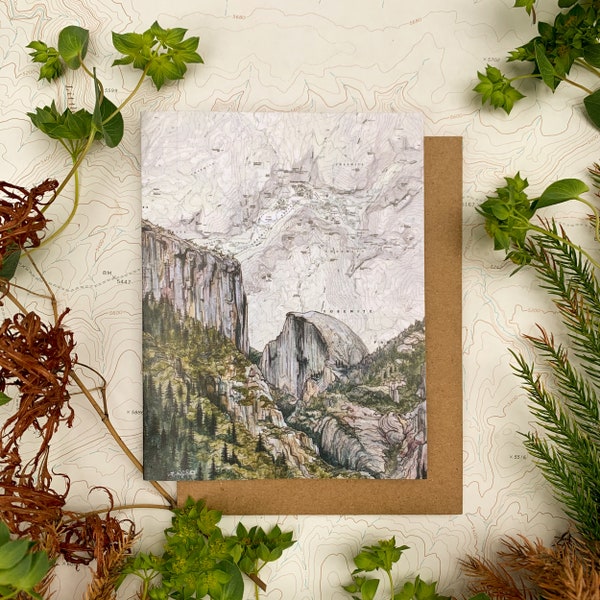 Yosemite Greeting Card, Yosemite National Park illustration card, Half Dome, El Capitan, California blank card, nature blank card