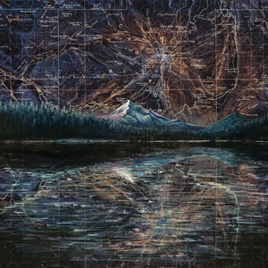 May include: A painting of a mountain range reflected in a still lake. The mountain range is depicted in a dark blue and brown color scheme, with a white peak. The lake is a dark blue color, with a light blue reflection of the mountain range. The painting is overlaid with a grid pattern, reminiscent of a map.