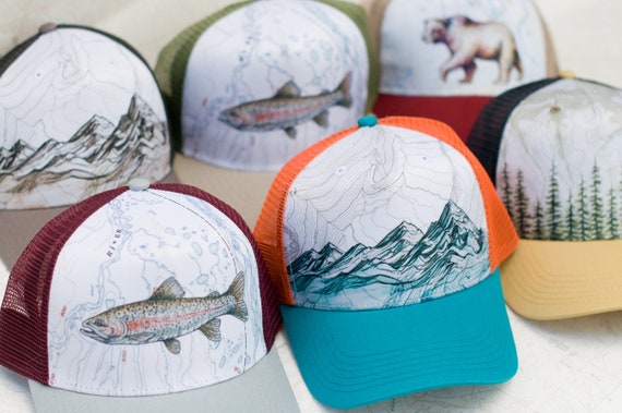 Rainbow Trout Trucker Hat, Fishing Trucker Hat, Fisherman Flat Brim Mesh Hat, Flat Hat